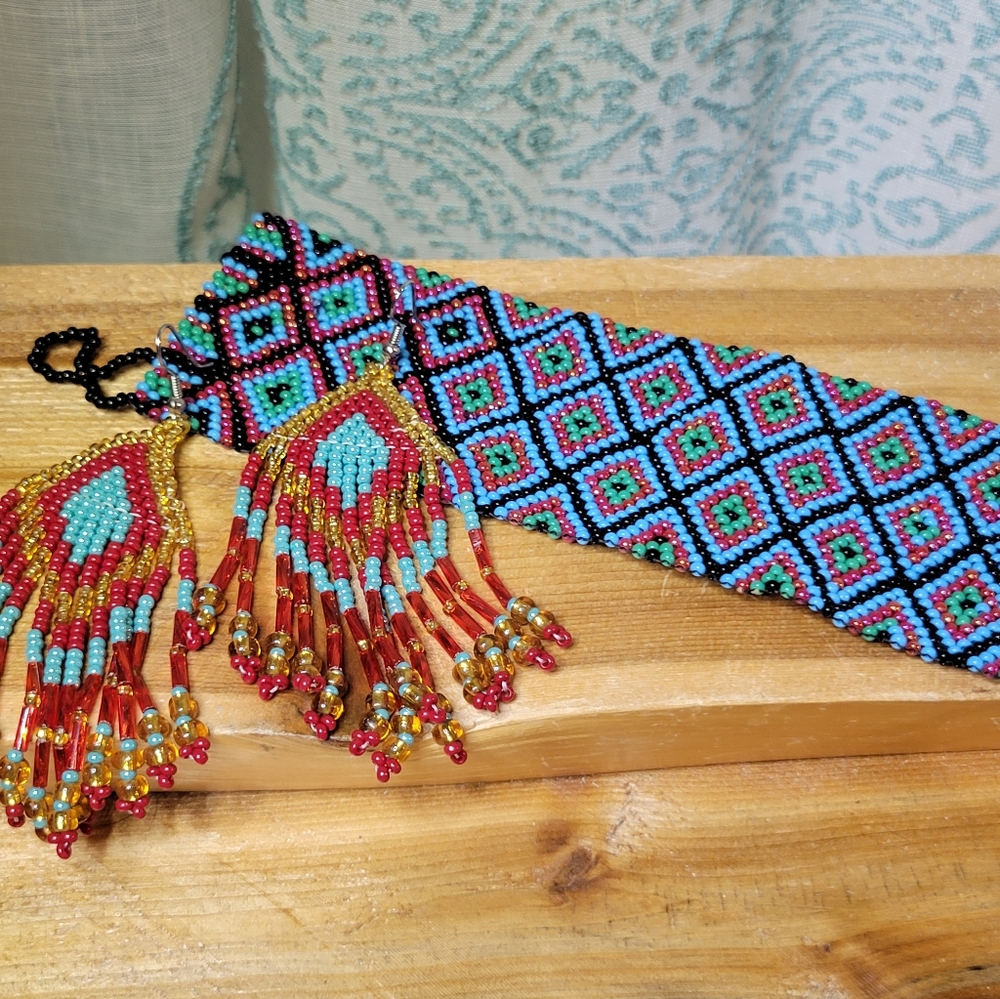 Blue, Red & Green Beaded Bracelet & Earring Set Handmade Glass Seed Bead Jewelry